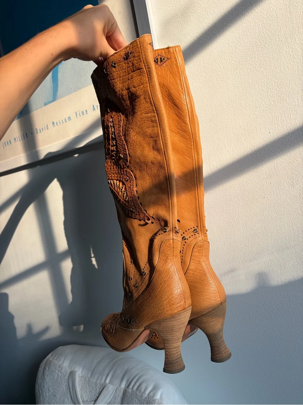 Anna Sui Tan Over-the-Knee Embroidered Leather Boots